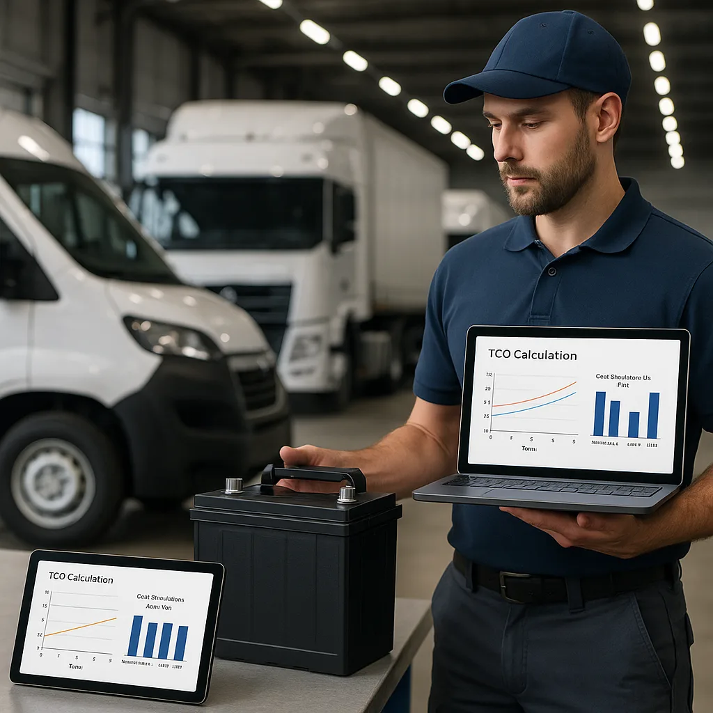 Technician in a fleet maintenance garage holding a tablet showing TCO charts, with a sodium-ion battery and commercial vehicles in the background.