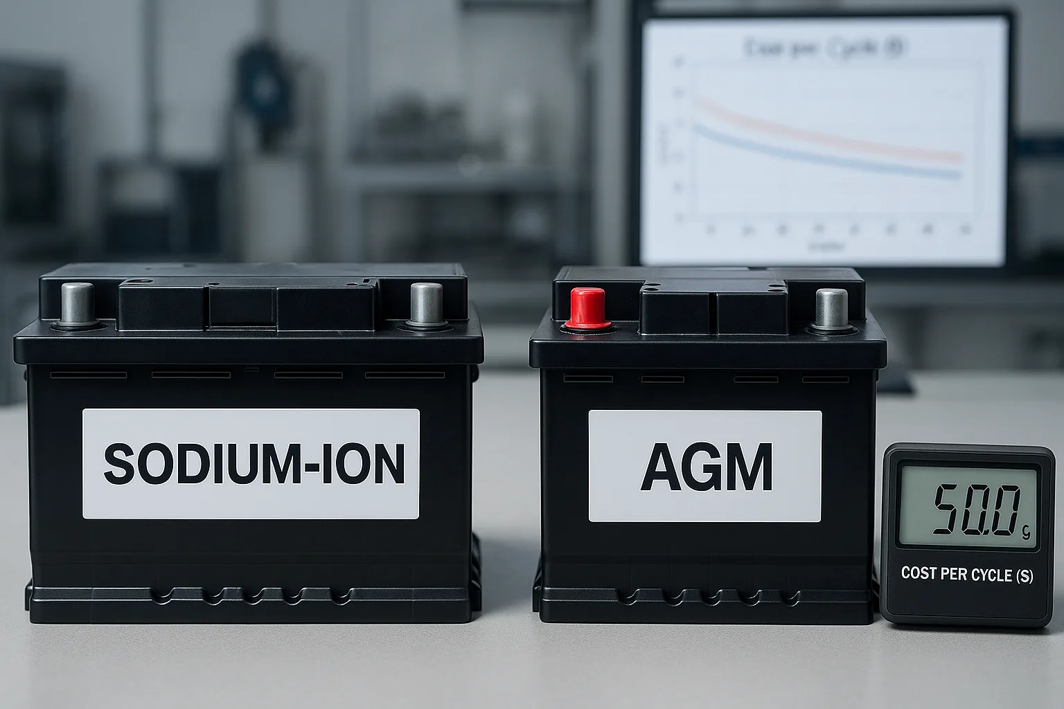 Sodium-ion and AGM automotive batteries side by side with a digital display showing cost-per-cycle data in a testing lab.