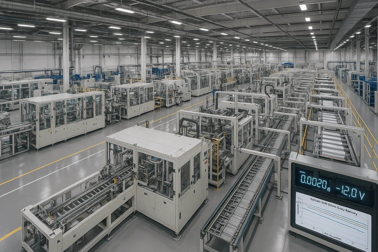 Aerial interior view of a large-scale sodium-ion battery manufacturing plant with automated assembly lines and production machinery.