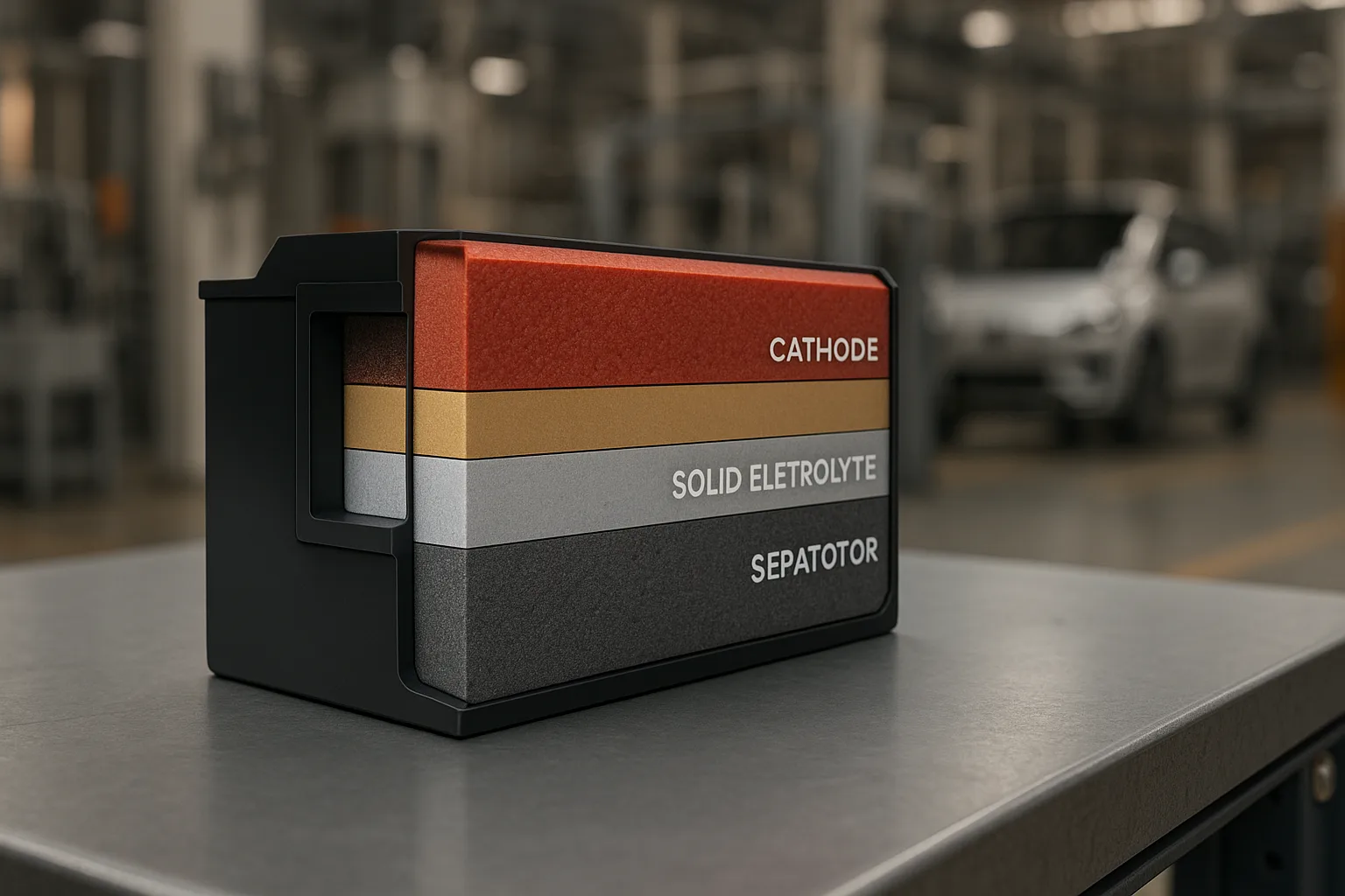 Cutaway rendering of a solid-state sodium-ion battery showing layered cathode, separator, solid electrolyte, and anode structure with manufacturing machinery blurred in the background.