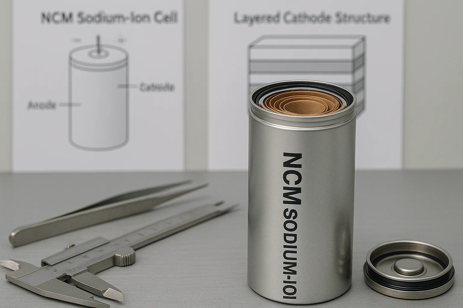 Close-up of an opened NCM sodium-ion cylindrical cell revealing internal layered cathode structure, with labeled battery diagrams in the background and precision tools on the workbench.