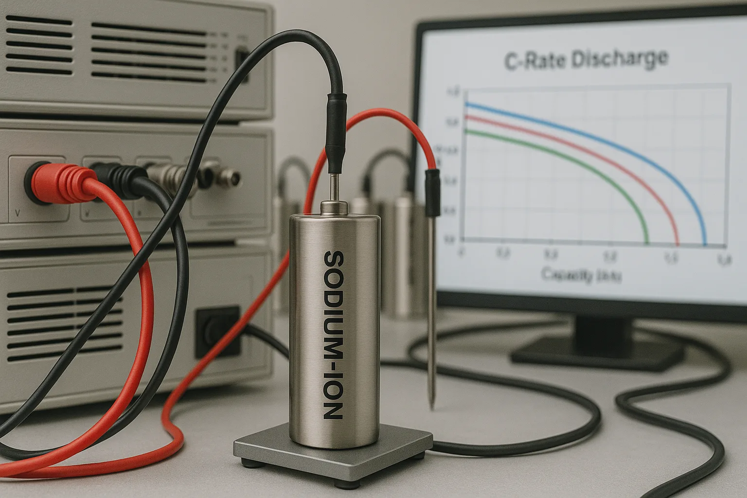 Dynamic close-up of a sodium-ion cylindrical cell connected to high-performance testing equipment, with digital graph of C-rate discharge performance displayed on a nearby monitor.