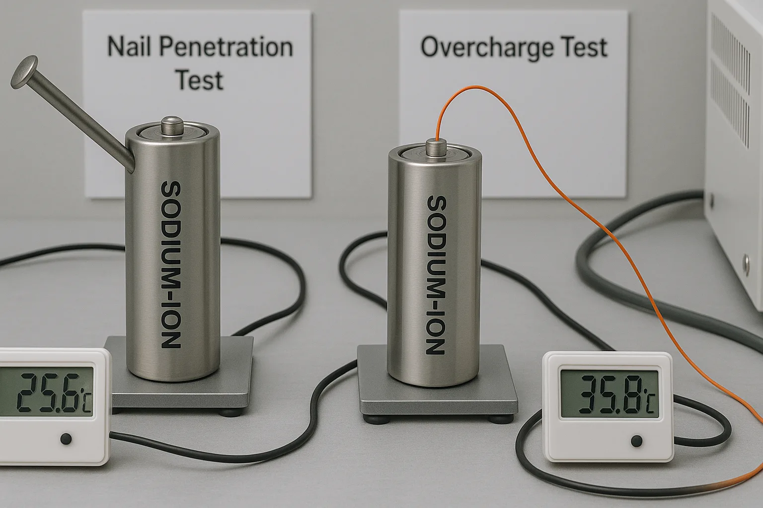 Sodium-ion cylindrical cells undergoing nail penetration and overcharge safety tests, with temperature monitoring devices connected, showing no fire or smoke in the lab environment.
