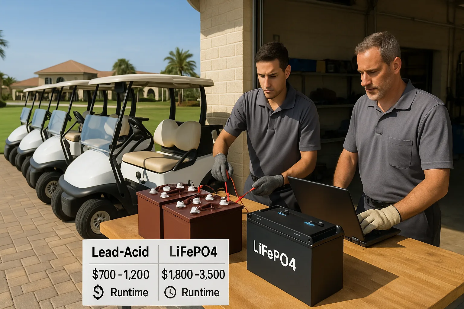 Resort golf carts parked beside a workshop where mechanics test lead-acid and LiFePO4 battery packs with a visible cost and runtime comparison.