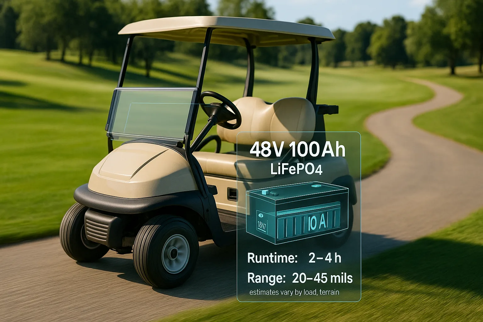Golf cart driving on a course path with an overlay diagram of a 48V 100Ah LiFePO4 battery showing estimated runtime and mileage range.