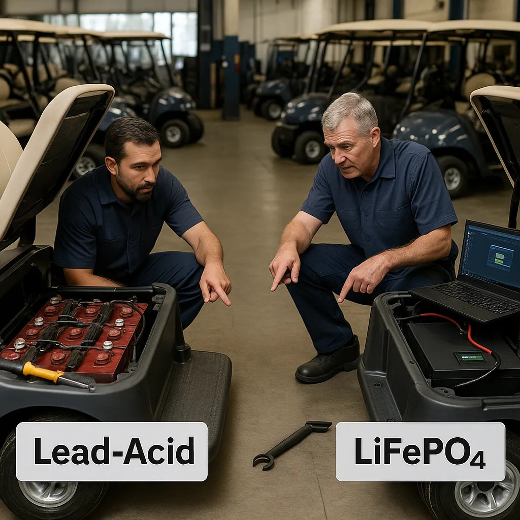 Two golf carts in a maintenance bay with seats lifted: left shows a lead-acid bank, right a LiFePO4 pack; mechanics point out differences.