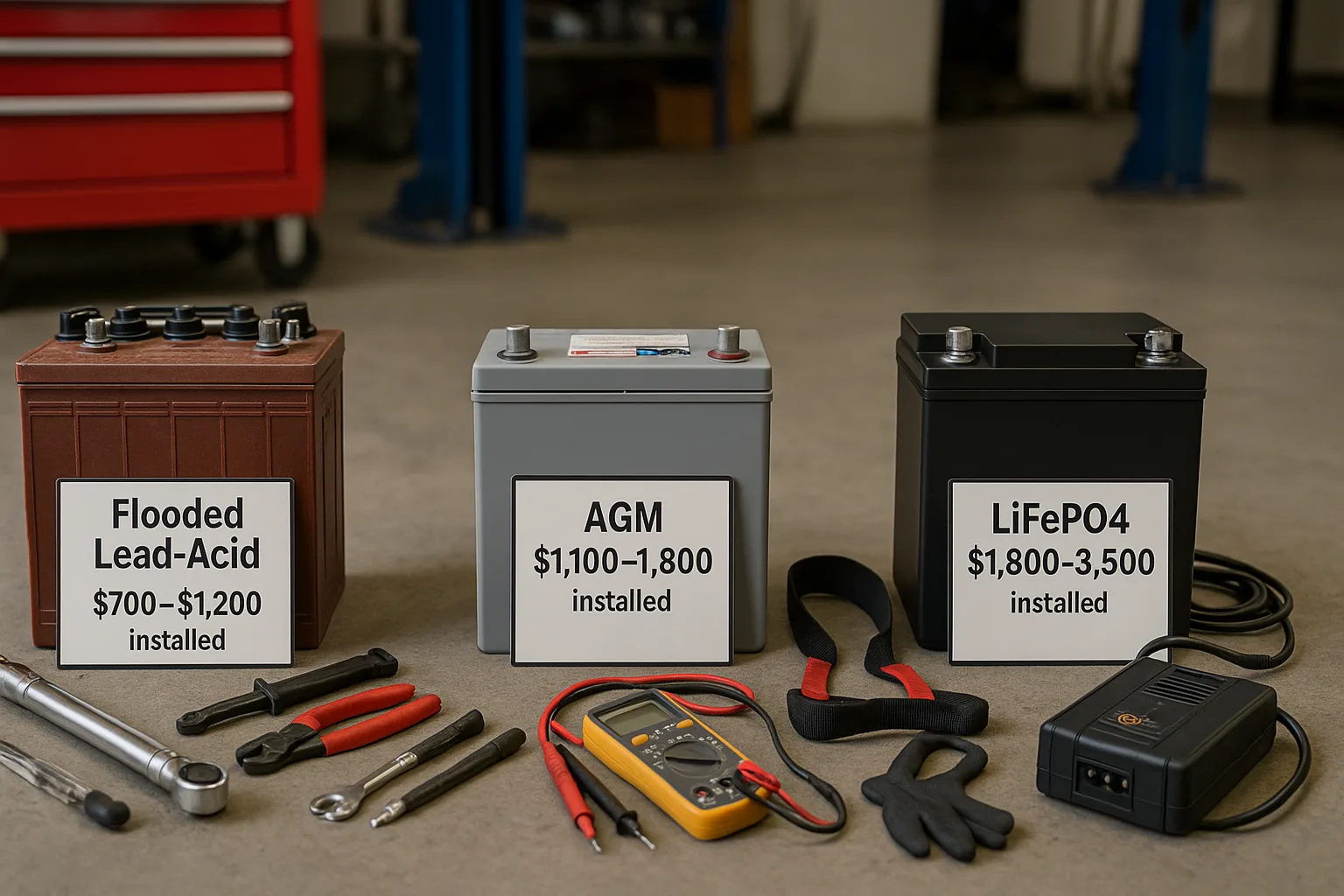 Flooded lead-acid, AGM, and LiFePO4 golf cart batteries side-by-side on a shop floor with price tags and installation tools.