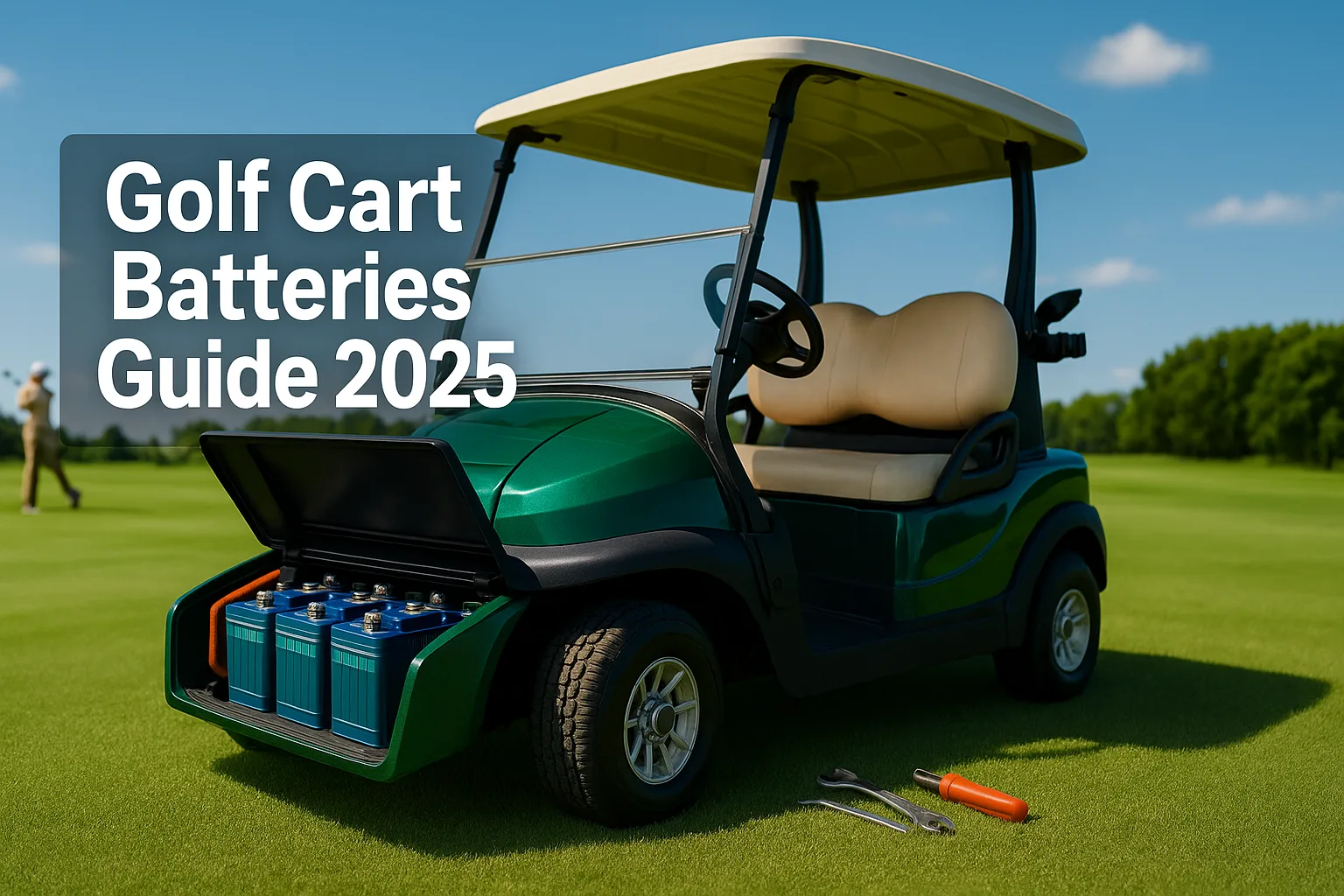 Modern golf cart with open battery compartment showing lithium-ion batteries on a sunny golf course, maintenance tools nearby, and bold text overlay ‘Golf Cart Batteries Guide 2025’.