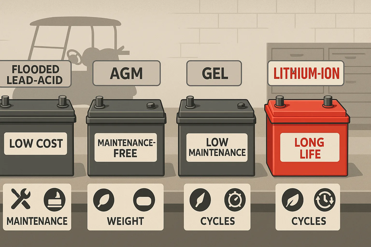 Illustrative workshop scene comparing flooded lead-acid, AGM, gel, and lithium-ion golf cart batteries side by side with pros, maintenance, weight, and cycle icons, and a golf cart silhouette in the background.
