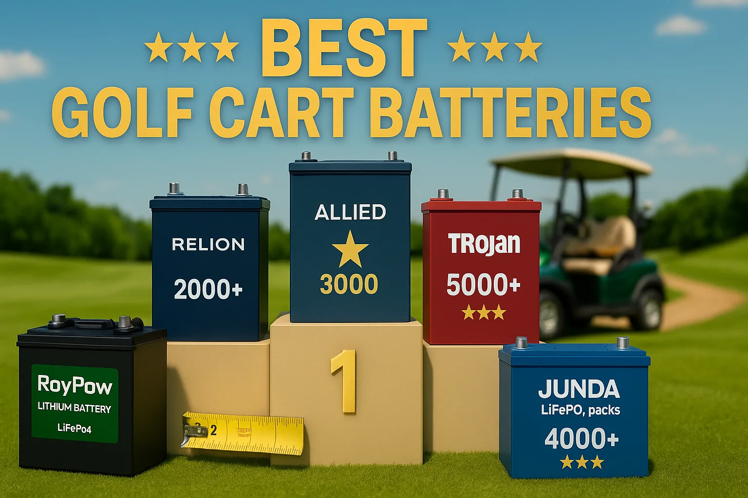 Top-rated golf cart batteries from RoyPow, RELiON, Allied, Trojan, and Junda displayed on podiums with stars and cycle life ratings 2000–5000+, gold accents, and a golf cart in the background.