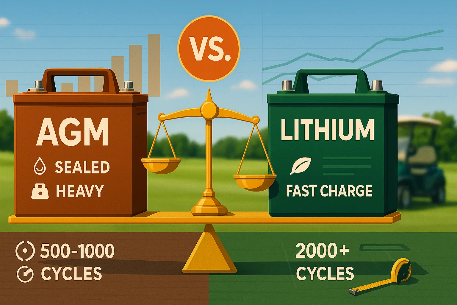 Versus-style infographic comparing AGM and lithium golf cart batteries with a central balance scale tipping toward lithium, icons for weight, cycles, and fast charge, and golf course background with performance charts.