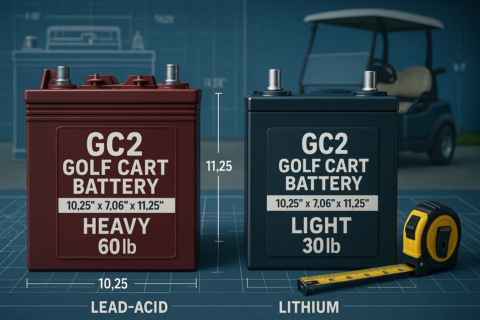 Close-up technical comparison of GC2 golf cart lead-acid and lithium batteries side by side, labeled with dimensions 10.25x7.06x11.25 inches and weights 60 lb vs 30 lb, on a blueprint background with measuring tape and golf cart.