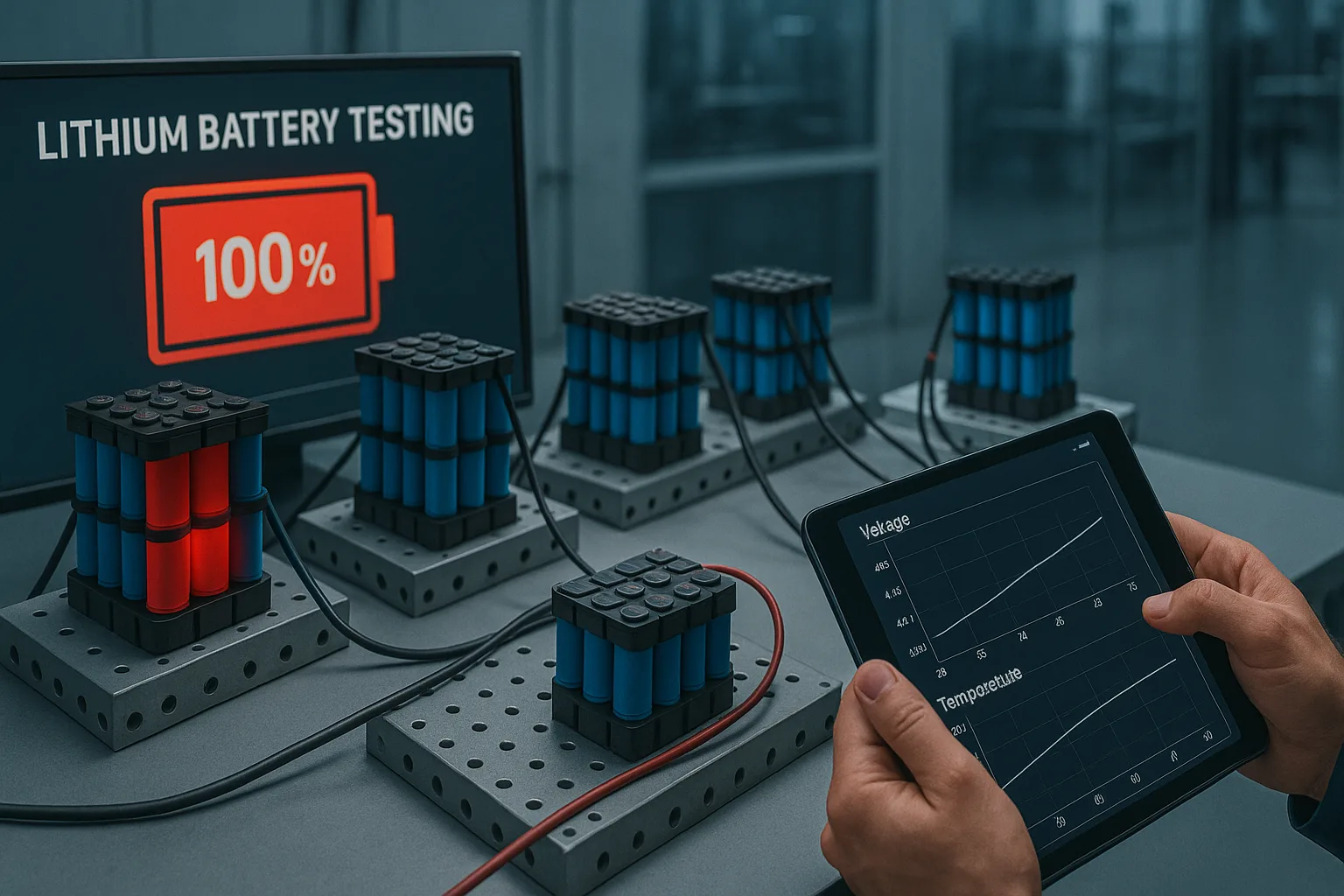 Lithium battery packs under testing in an industrial laboratory, with one pack showing 100% charge in red and engineer monitoring voltage and temperature data on a tablet.