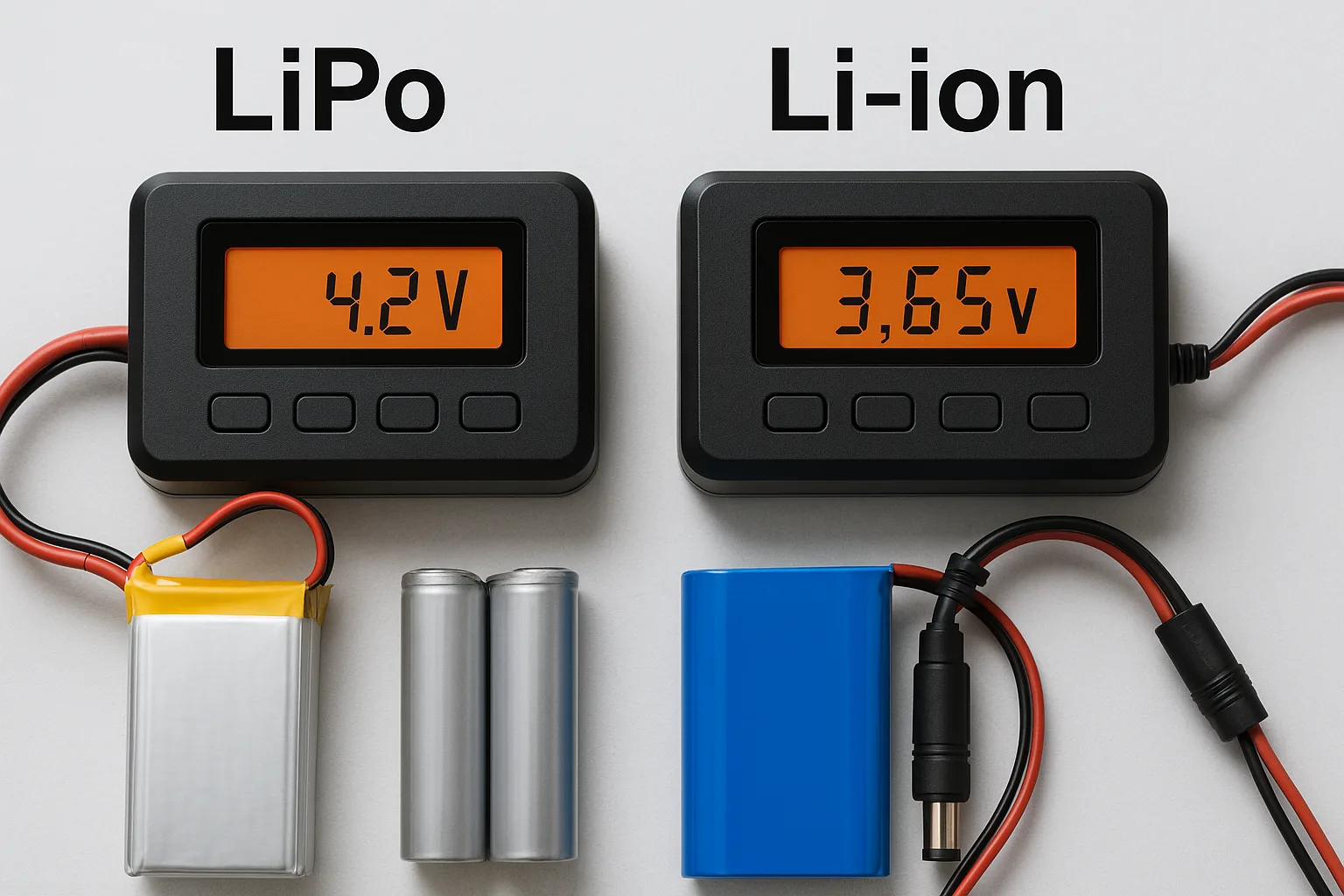 Two battery chargers labeled LiPo and Li-ion placed side by side, each connected to different battery packs with digital displays showing 4.2V and 3.65V respectively, highlighting voltage differences and safety awareness.