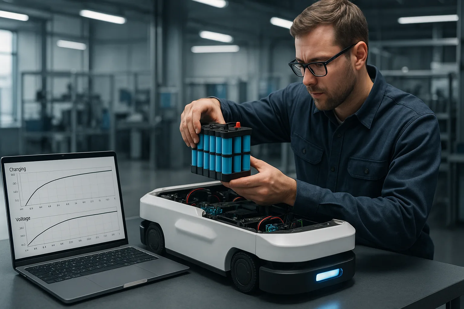 Engineer installing a lithium battery pack into an autonomous warehouse robot in a modern robotics lab, with laptop showing charging and voltage data.