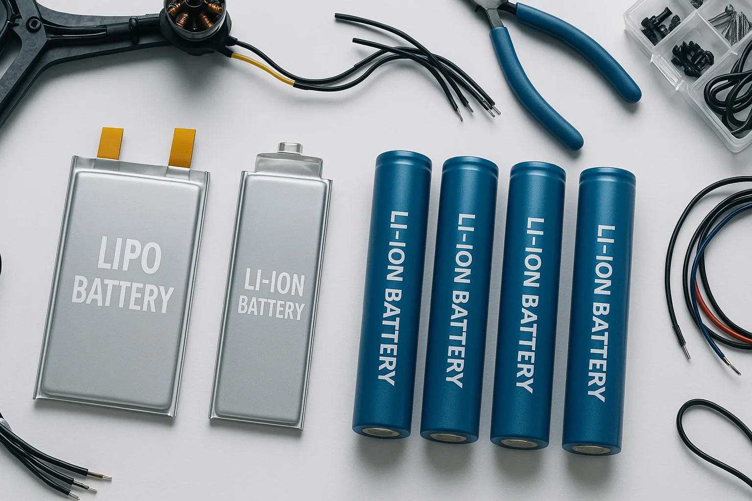 LiPo pouch batteries and cylindrical Li-ion cells arranged side by side on a white lab surface with drone frame, wiring tools, and components in the background.