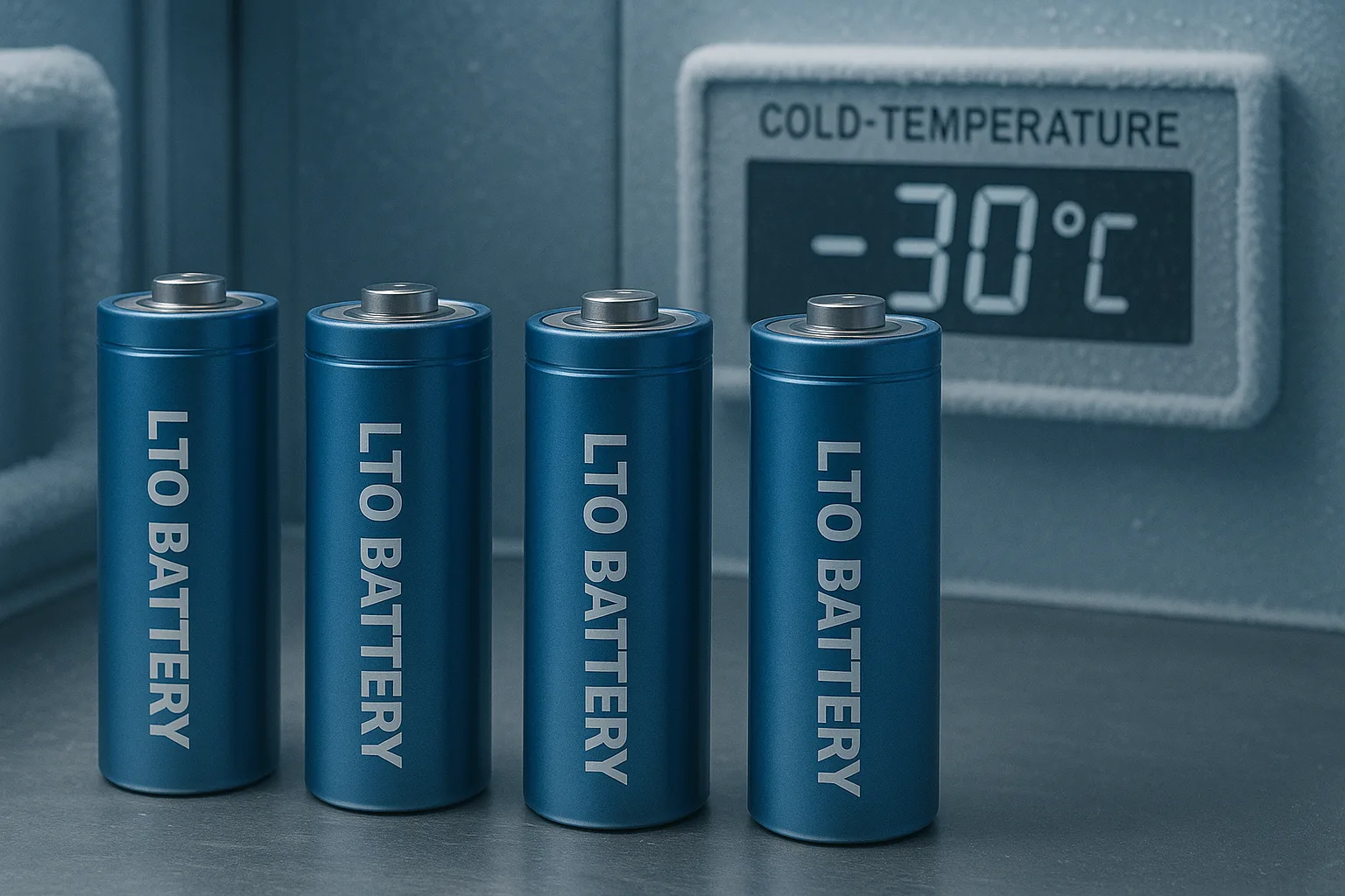 Close-up of four cylindrical LTO (Lithium Titanate) battery cells on a frosted steel table in a cold chamber showing -30°C on the digital screen.
