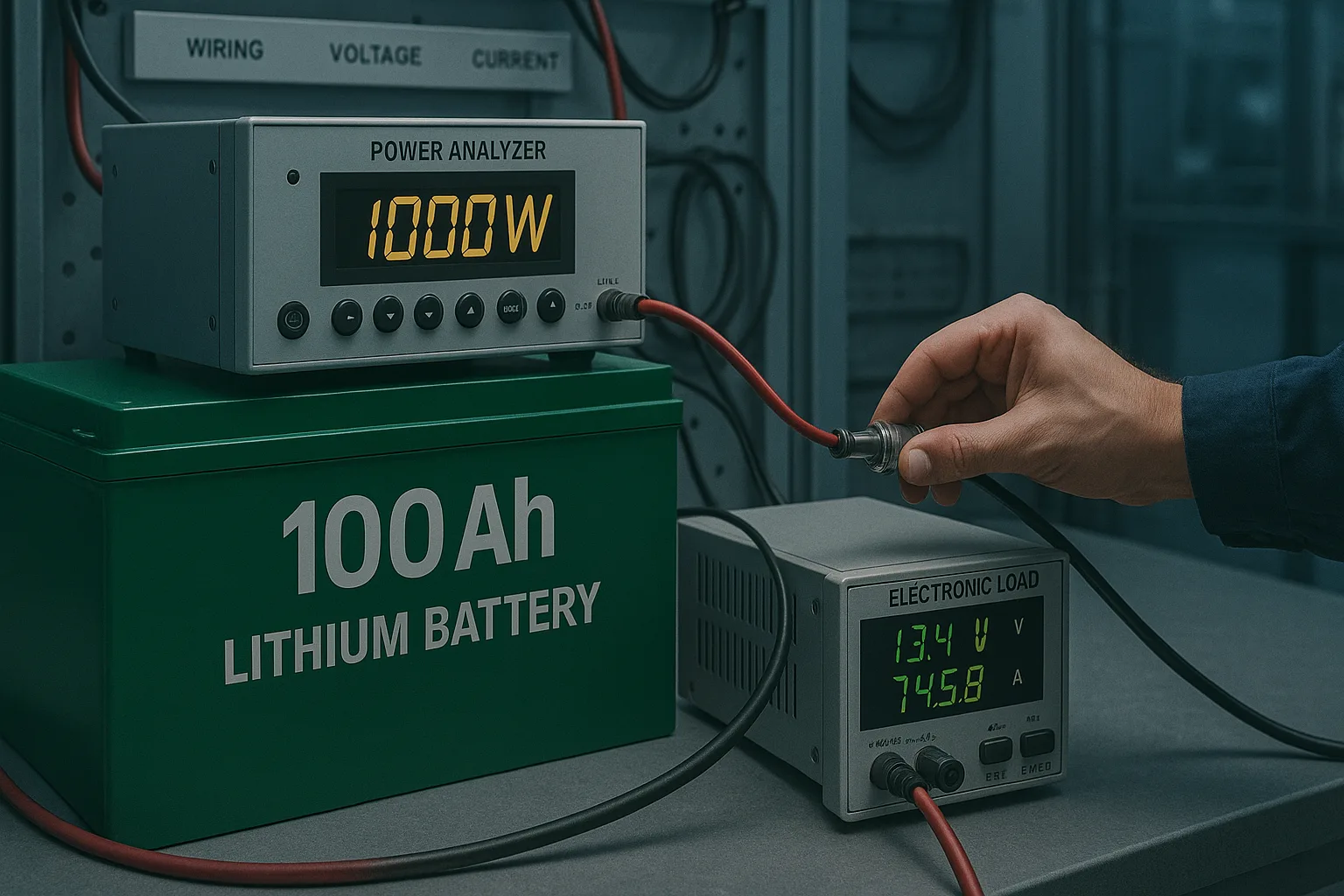 Engineer connecting cables between a 100Ah lithium battery, power analyzer, and electronic load displaying 1000W output in an industrial testing lab.