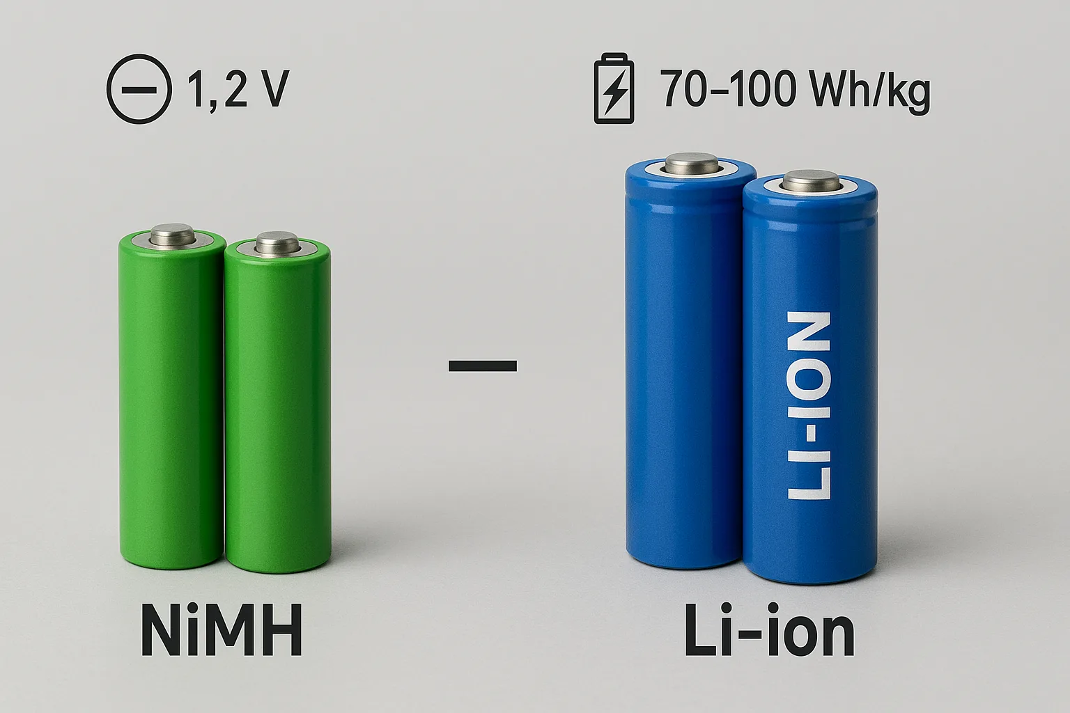 Educational comparison of NiMH AA cells and cylindrical Li-ion cells with voltage and energy density icons above each.