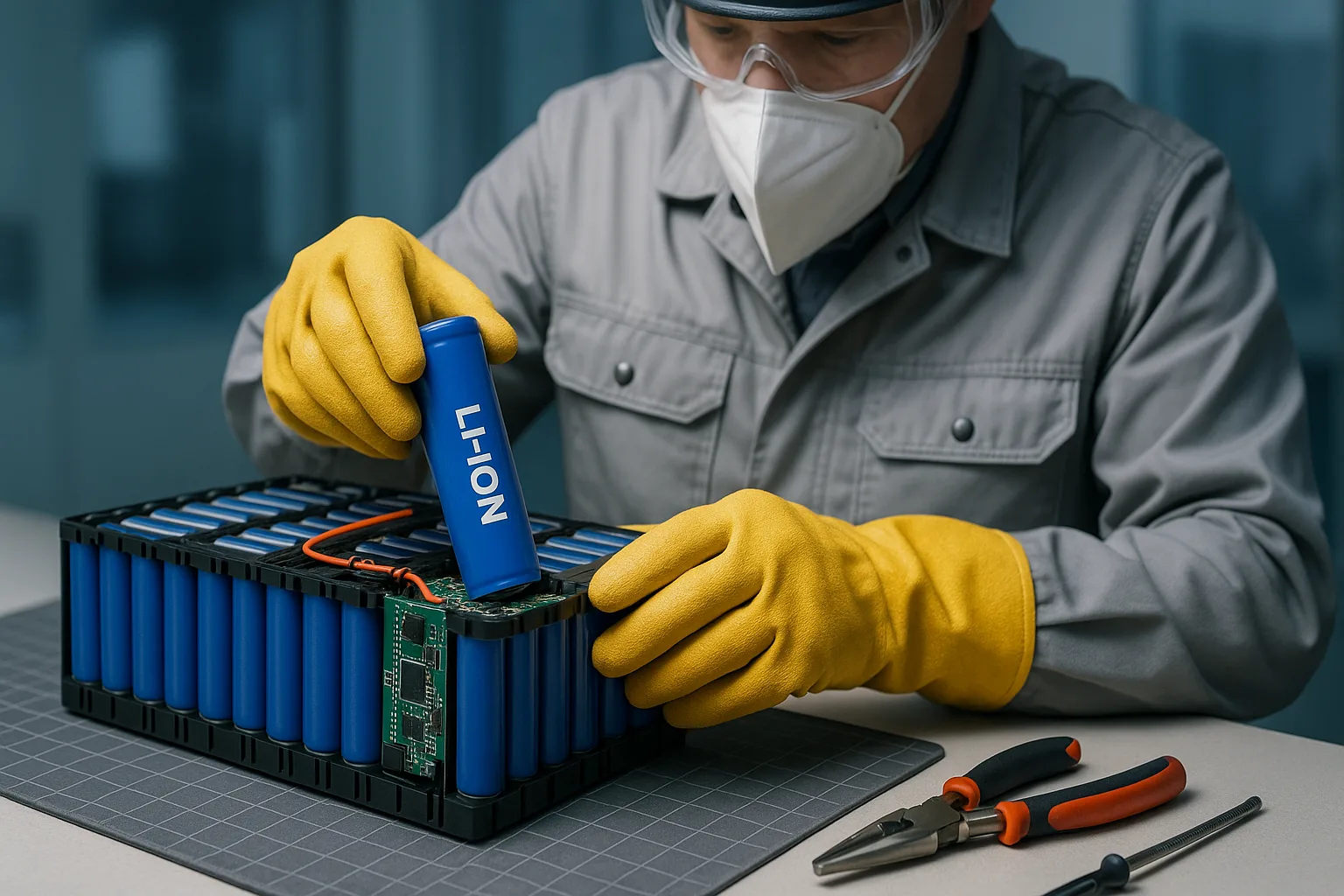 Technician in safety gear replacing a single Li-ion cell in battery pack using insulated gloves and tools with BMS visible on workbench.