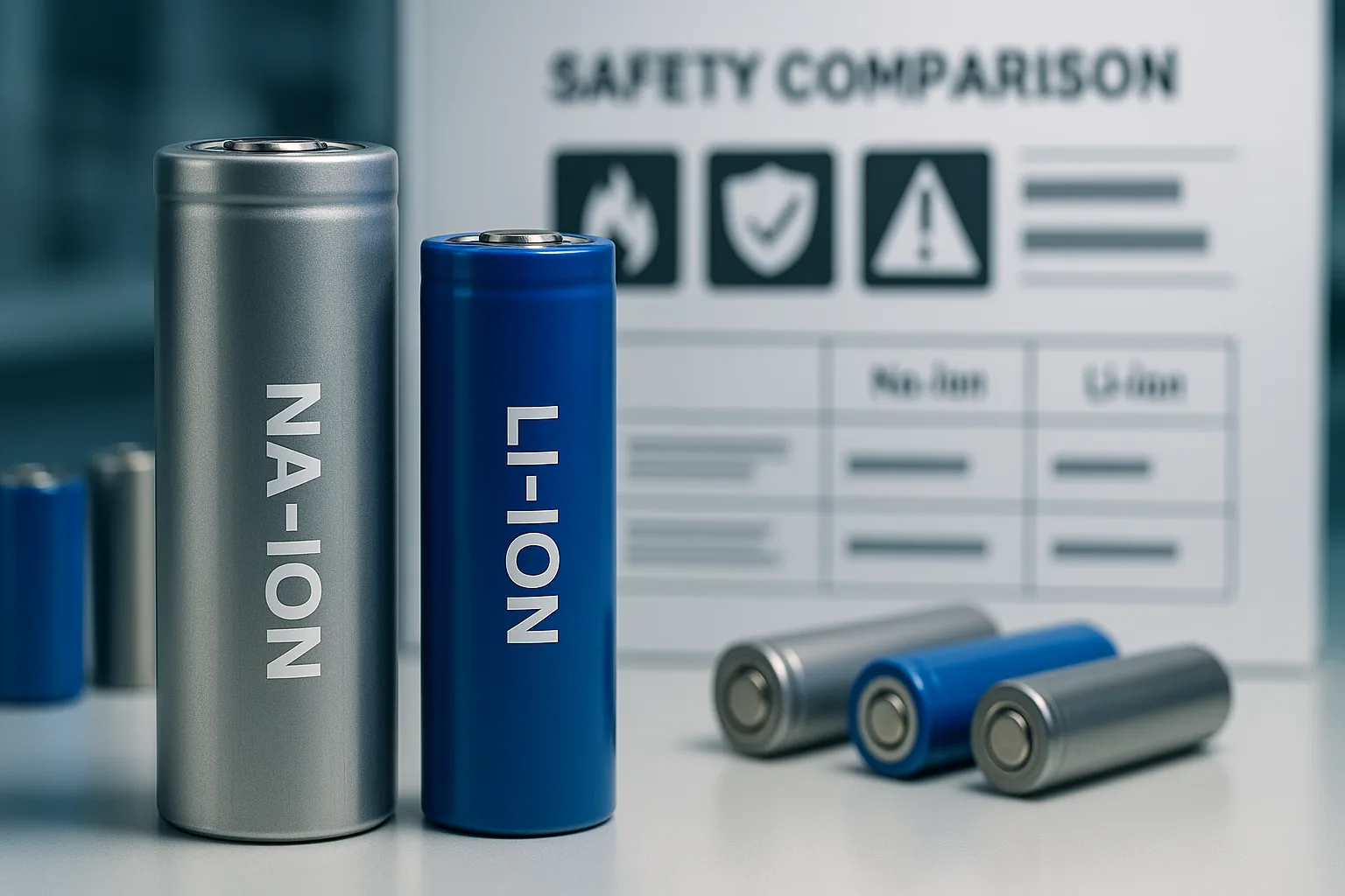 Close-up of Na-ion and Li-ion cylindrical cells showing Na-ion 50% taller and thicker with safety comparison chart in background.