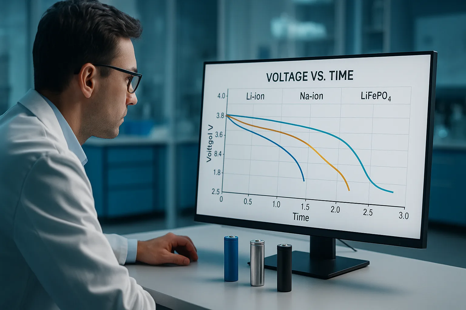 Engineer observing voltage vs time graph comparing Li-ion, Na-ion, and LiFePO4 batteries on computer monitor with cylindrical cells on desk.