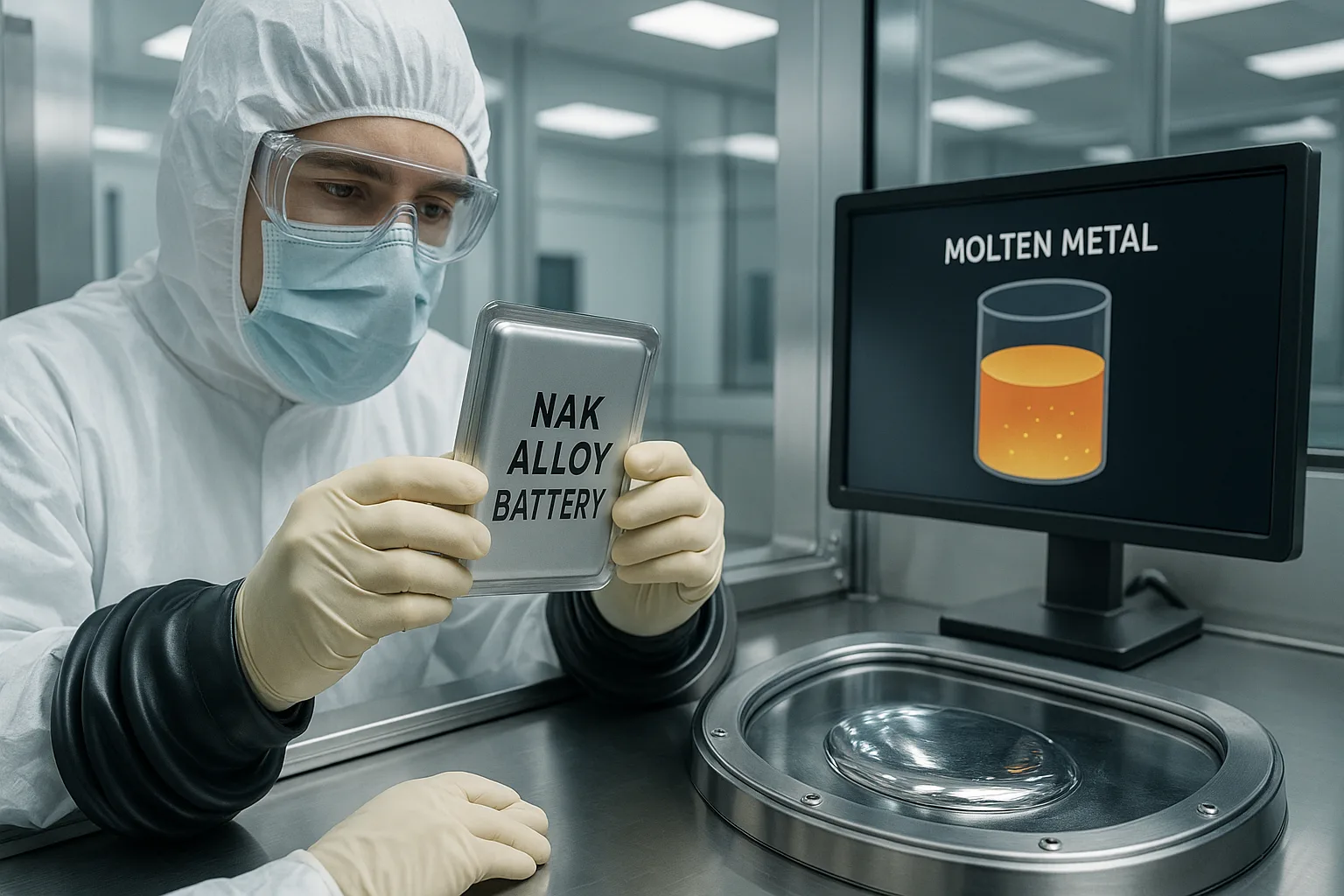 Researcher examining a sealed NAK alloy battery inside a glovebox, with a molten metal diagram displayed on a monitor in a cleanroom laboratory environment.