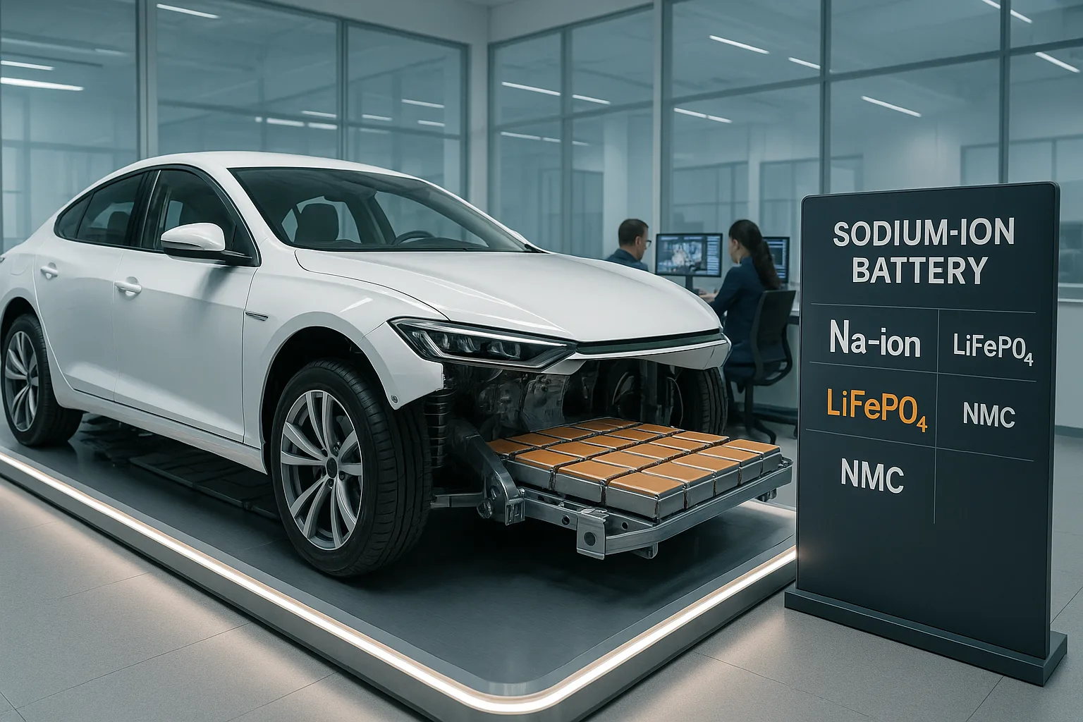 Cutaway display of a modern electric vehicle showing a sodium-ion battery pack under the chassis with comparison labels for Na-ion, LiFePO4, and NMC chemistries in a futuristic EV lab.