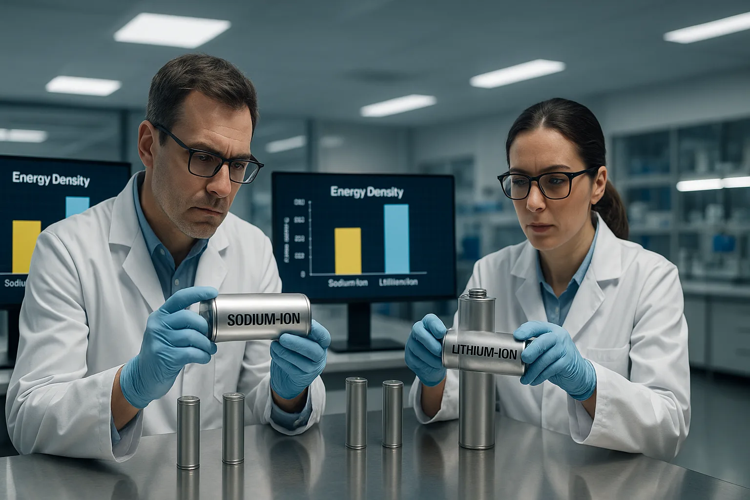 Engineers comparing sodium-ion and lithium-ion battery cells on a stainless workbench with digital screens showing 175 Wh/kg vs 250 Wh/kg energy density graphs in a modern research laboratory.