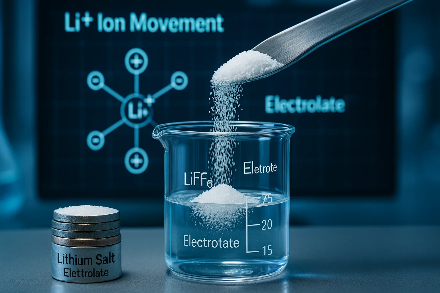 Macro shot of lithium salt powder (LiPF6) being poured into a glass beaker with electrolyte solution under blue lighting, with Li⁺ ion movement diagram on the background screen.