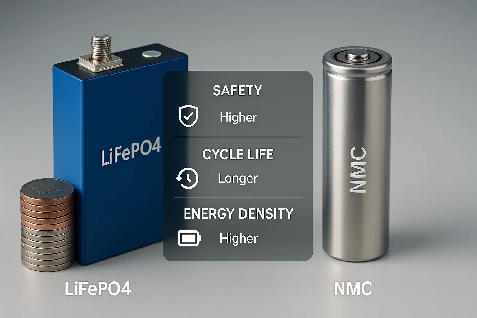 Side-by-side display of LiFePO4 prismatic cell and NMC cylindrical cell with infographic overlay comparing safety, cycle life, and energy density on a neutral lab background.