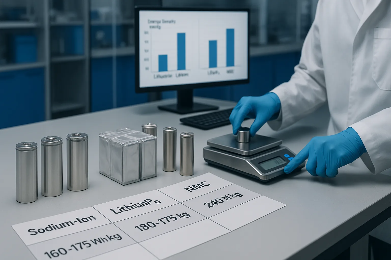 Engineer weighing lithium battery cells on an electronic scale beside labeled samples of sodium-ion, LiFePO4 180 Wh/kg, and NMC 240 Wh/kg in a scientific laboratory.