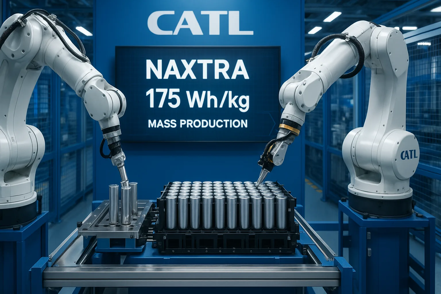 CATL factory robotic arms installing cylindrical sodium-ion cells into modules with a digital display reading “Naxtra 175 Wh/kg – Mass Production” in a blue industrial environment.