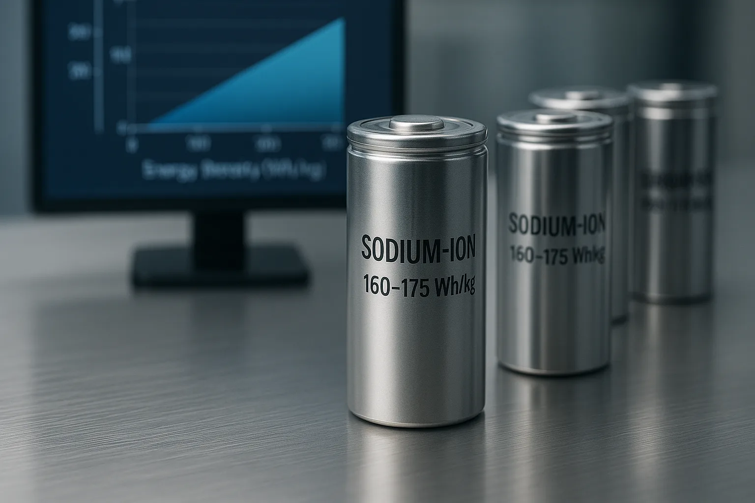 Close-up of sodium-ion cylindrical cells labeled 160–175 Wh/kg placed on a metal table, with an energy density chart displayed on a monitor in a modern laboratory.