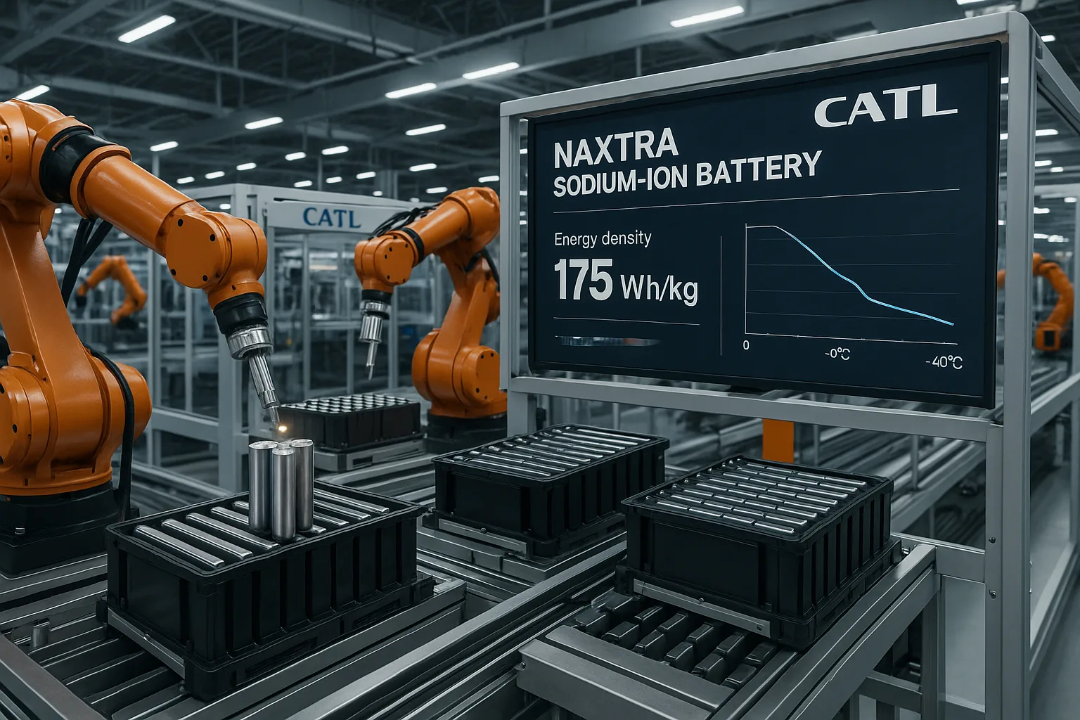 CATL factory robotic arms assembling Naxtra sodium-ion battery cells into modules, with a digital display showing 175 Wh/kg energy density and -40°C performance graph.