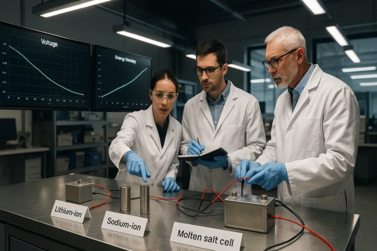 Engineers analyzing lithium-ion, sodium-ion, and molten salt battery cells on a stainless steel workbench with digital displays showing voltage and energy density graphs in a modern research laboratory.