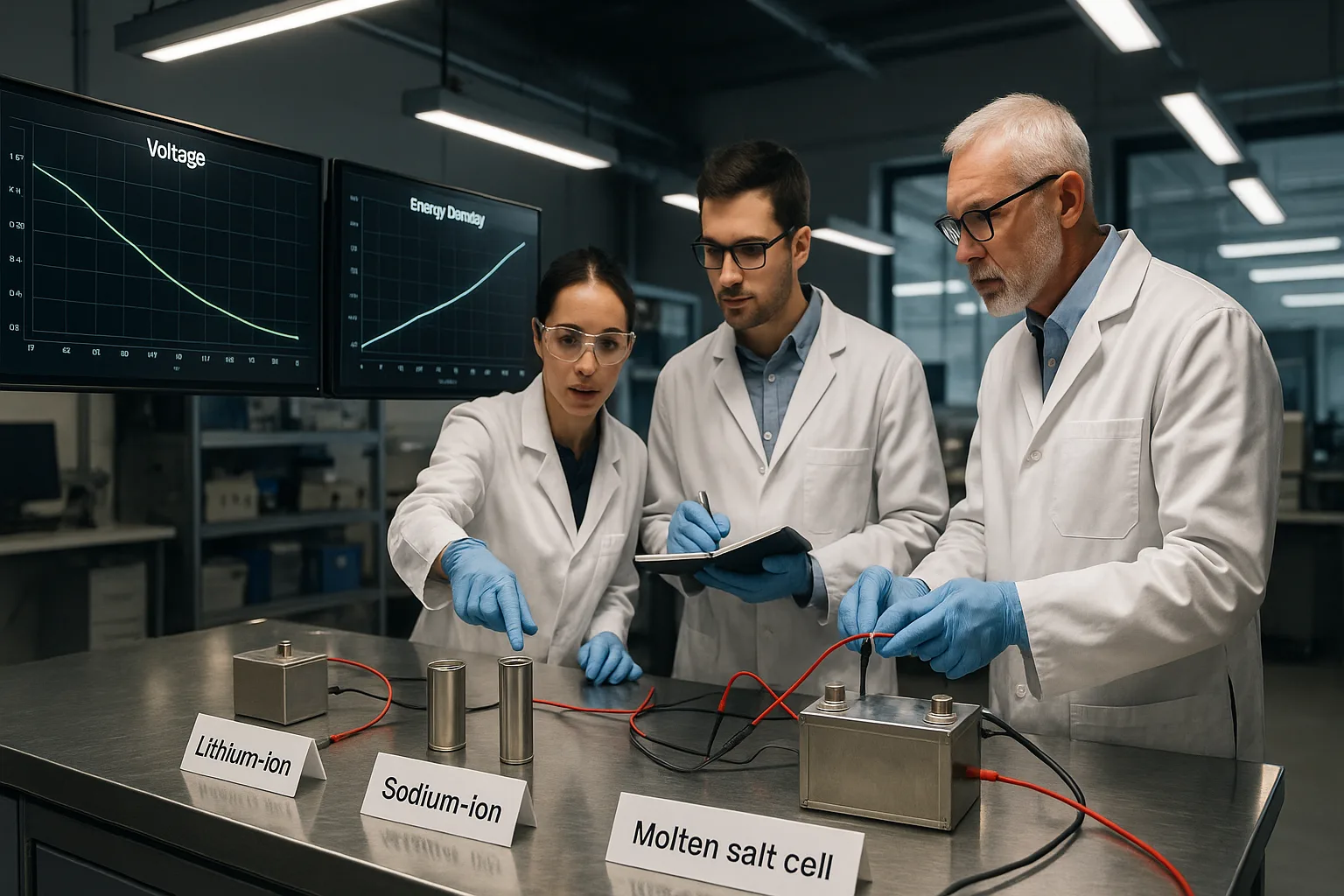 Engineers analyzing lithium-ion, sodium-ion, and molten salt battery cells on a stainless steel workbench with digital displays showing voltage and energy density graphs in a modern research laboratory.