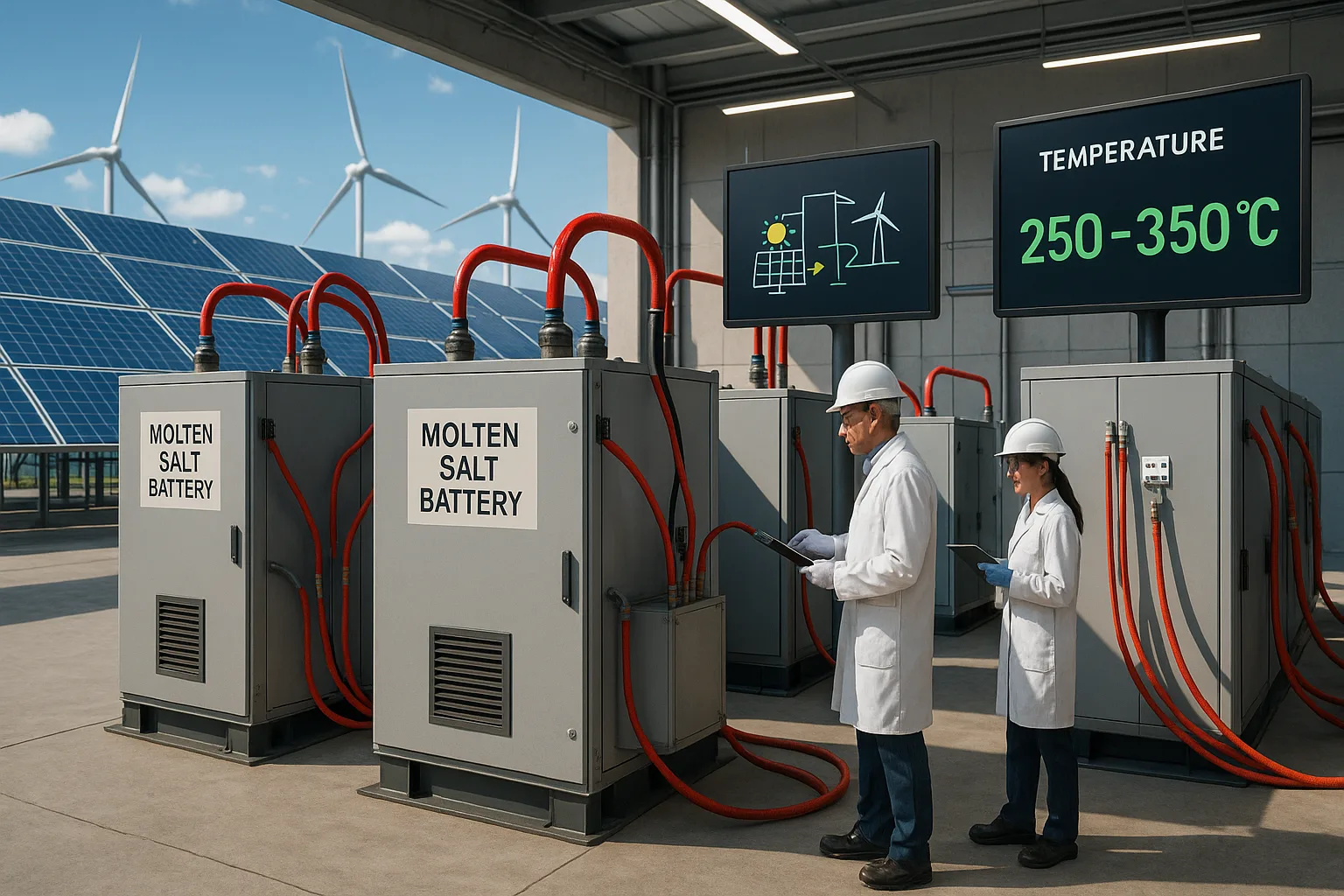 Technicians inspecting molten salt battery modules in an industrial energy storage facility connected to solar panels and wind turbines, with digital monitors showing 250–350°C temperature data.