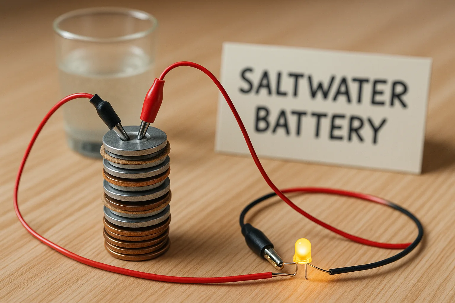 Educational science experiment demonstrating a saltwater battery made of copper coins, zinc washers, and salt-soaked cardboard powering a glowing LED on a wooden desk.