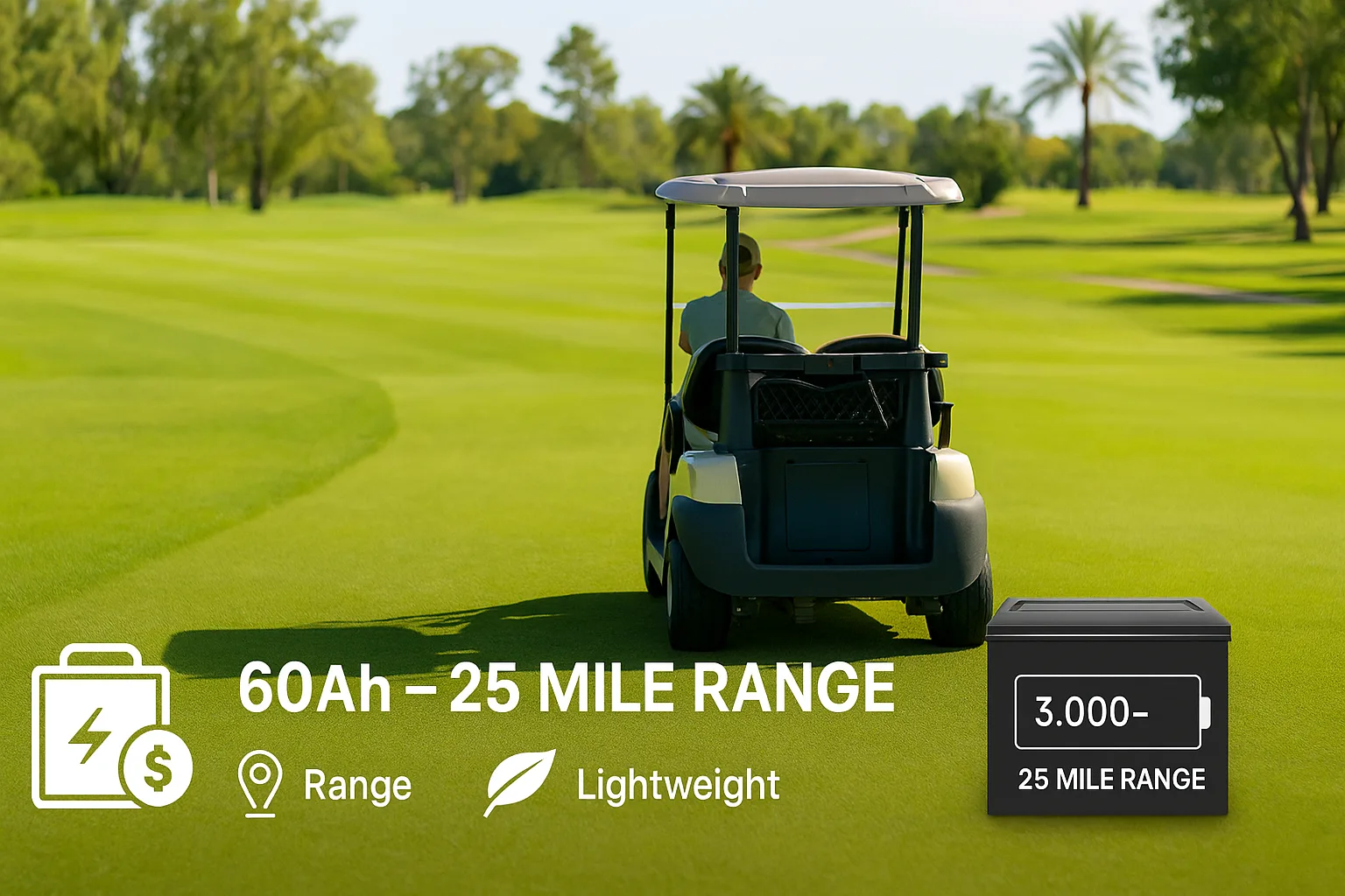 Golf cart driving on a sunny fairway with turquoise overlay showing “60Ah – 25 Mile Range” and icons for distance, lightweight, and 18-hole course.