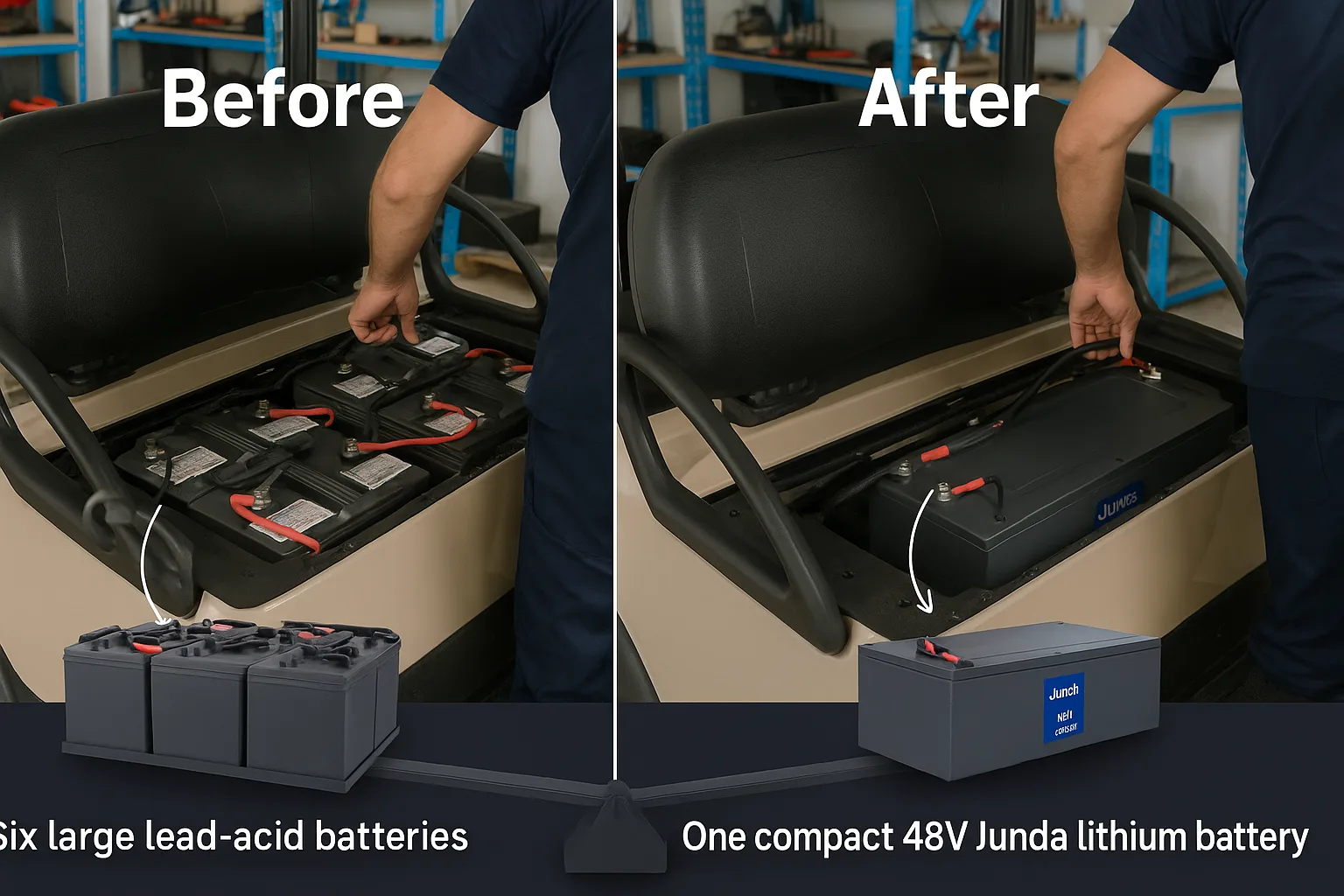 Workshop scene showing technician replacing six large lead-acid batteries with one compact 48V Junda lithium battery under a golf cart seat, before-and-after layout.