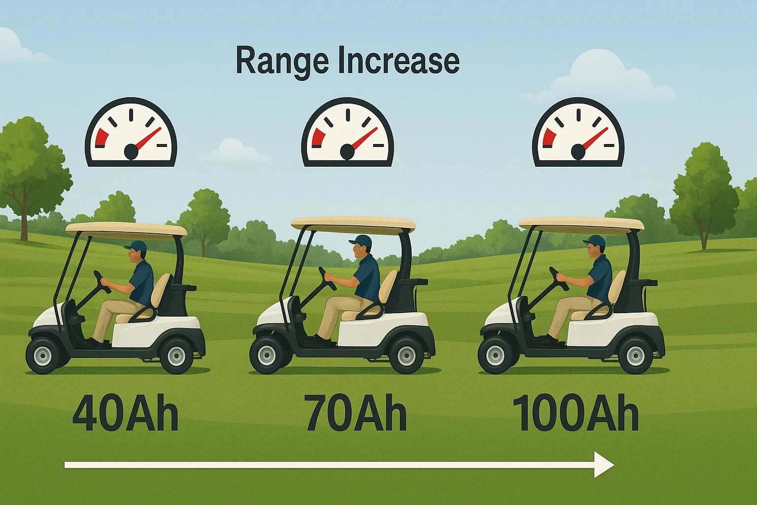 Infographic of three golf carts labeled 40Ah, 70Ah, and 100Ah driving different distances across a golf course with fuel gauge icons indicating increased range.