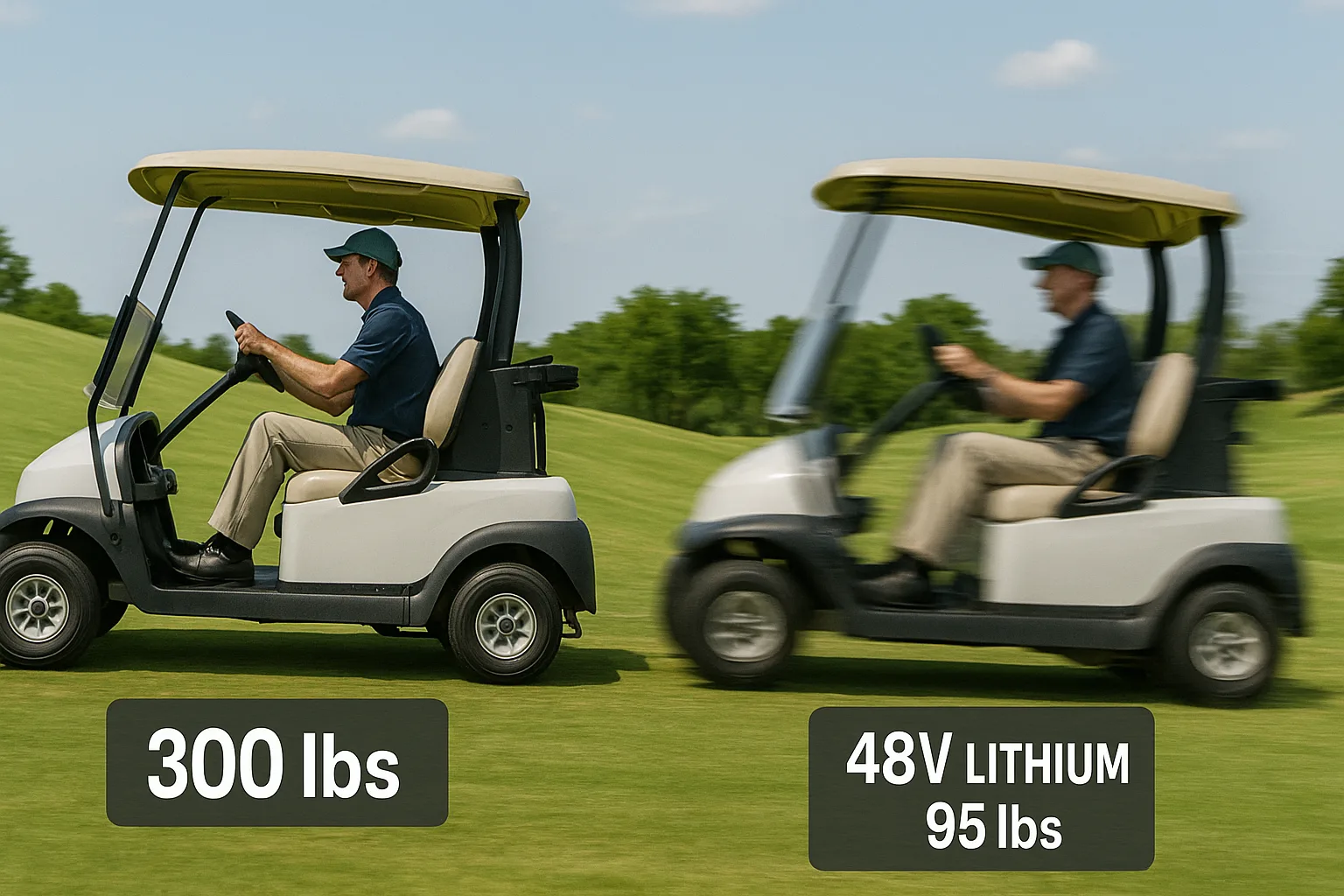Side-by-side comparison of two golf carts driving uphill, one with 300 lbs lead-acid batteries and the other with a lightweight 48V lithium battery accelerating faster.