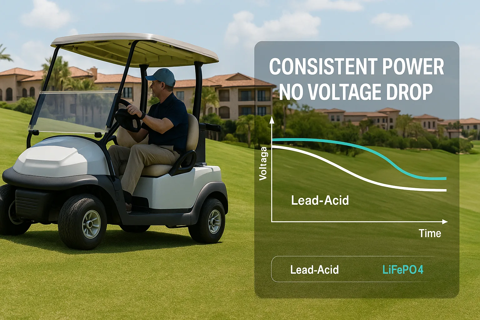 Golf cart driving uphill on a resort course with overlay graph comparing lead-acid and LiFePO4 voltage curves, highlighting “Consistent Power – No Voltage Drop.”