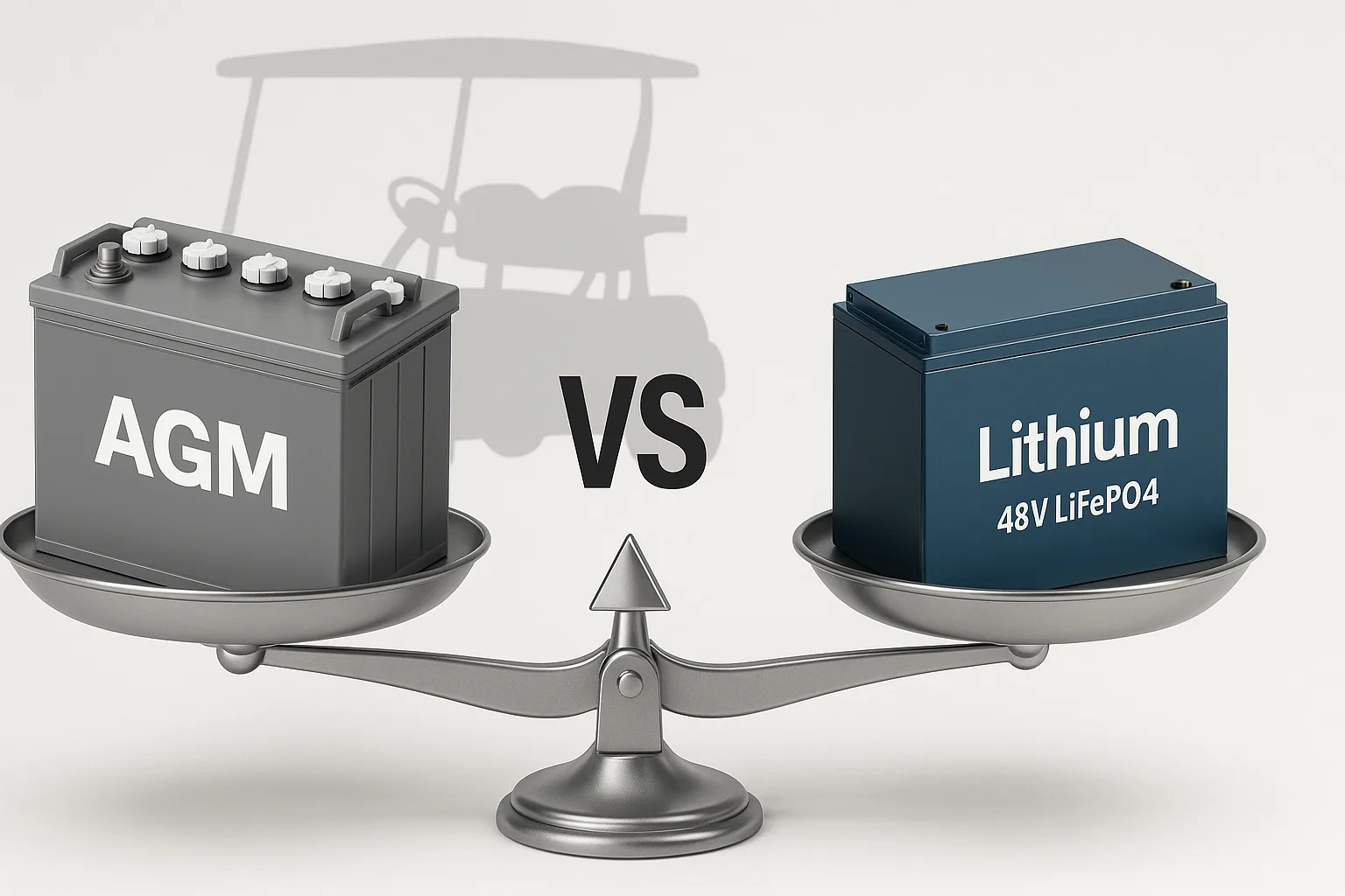 Versus-style comparison of AGM and 48V LiFePO4 lithium golf cart batteries on a balance scale with a golf cart silhouette in the background.