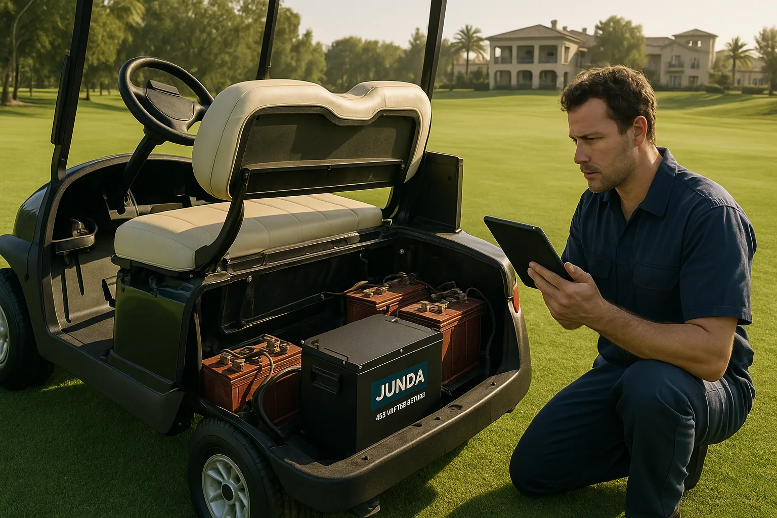Mechanic replacing bulky lead-acid batteries with a compact 48V Junda lithium battery in a modern golf cart at a sunny resort.