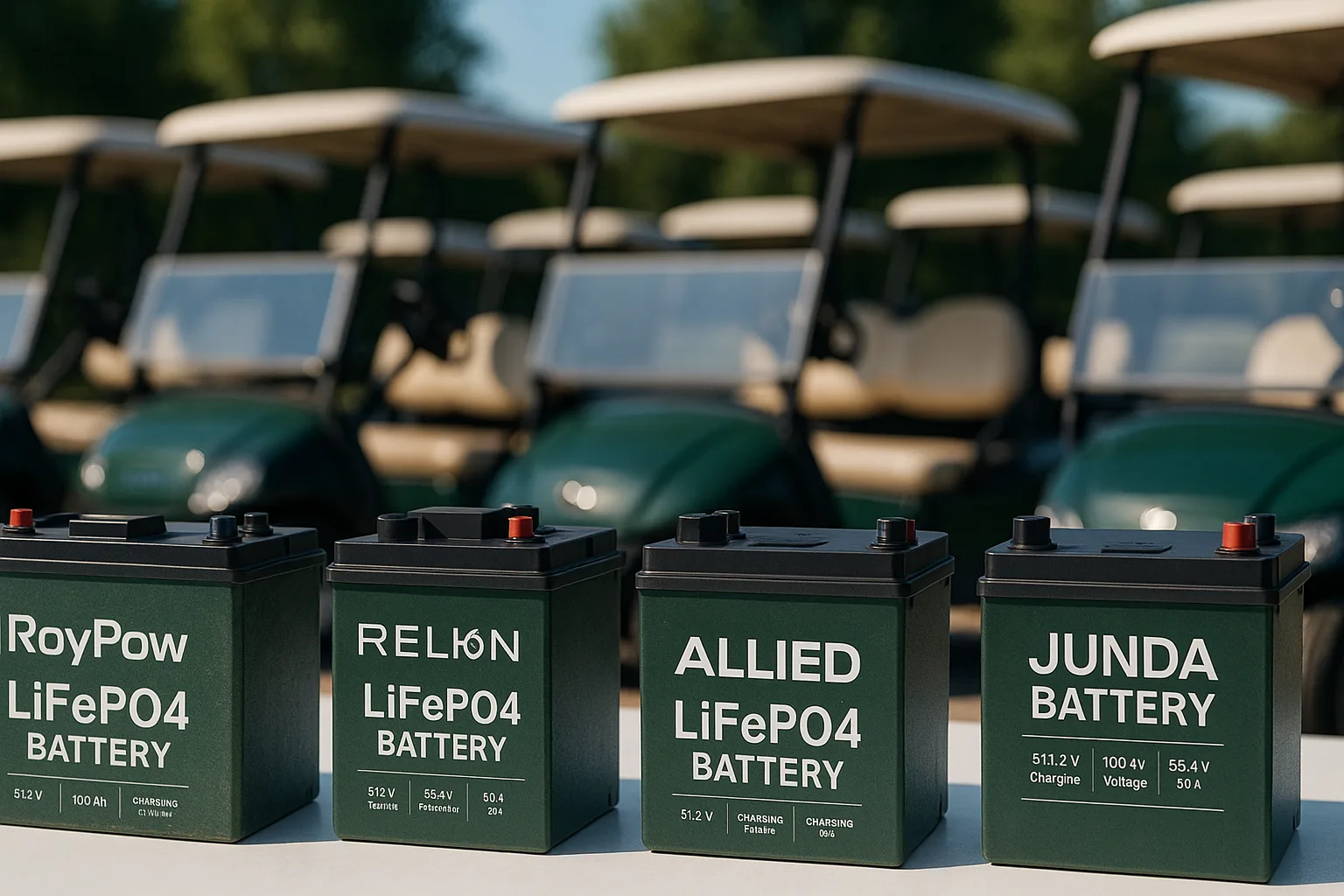 Lineup of RoyPow, RELiON, Allied, and Junda Battery LiFePO4 golf cart batteries displayed outdoors with golf carts in background.