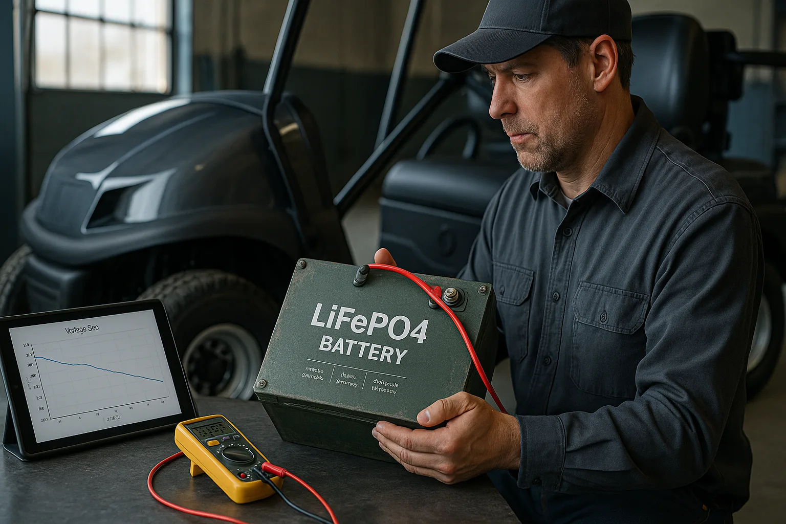Technician inspecting a removed LiFePO4 battery pack beside a golf cart, with tablet showing voltage sag graph and multimeter connected.