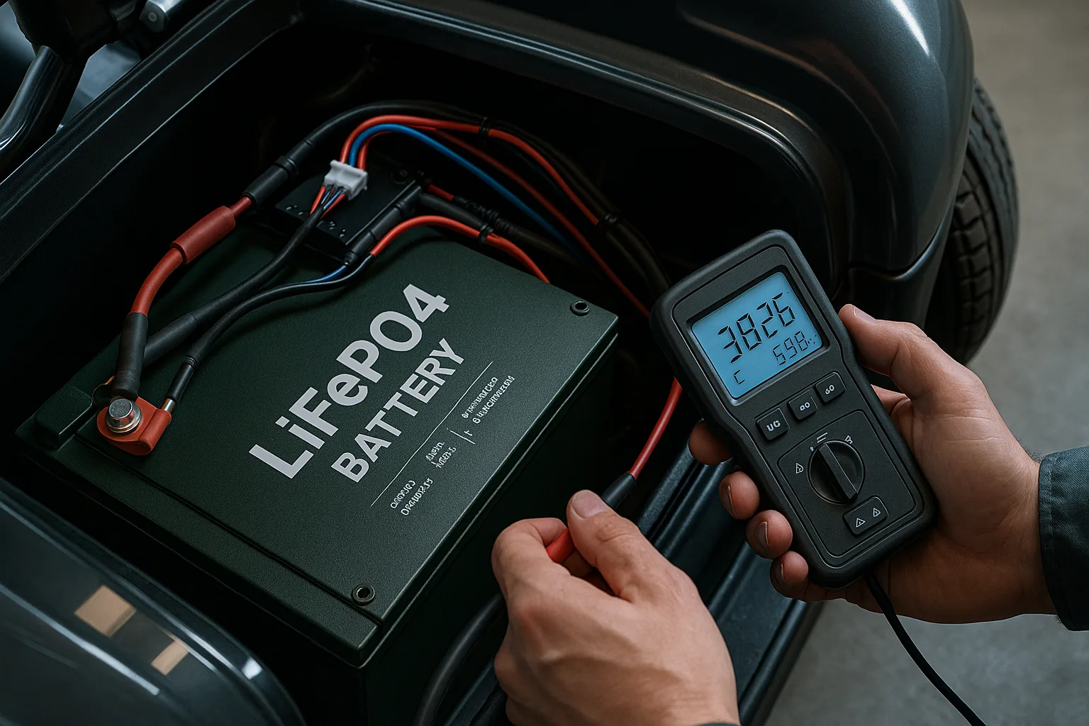 Close-up of golf cart battery compartment showing clean BMS wiring and technician checking voltage with digital analyzer.