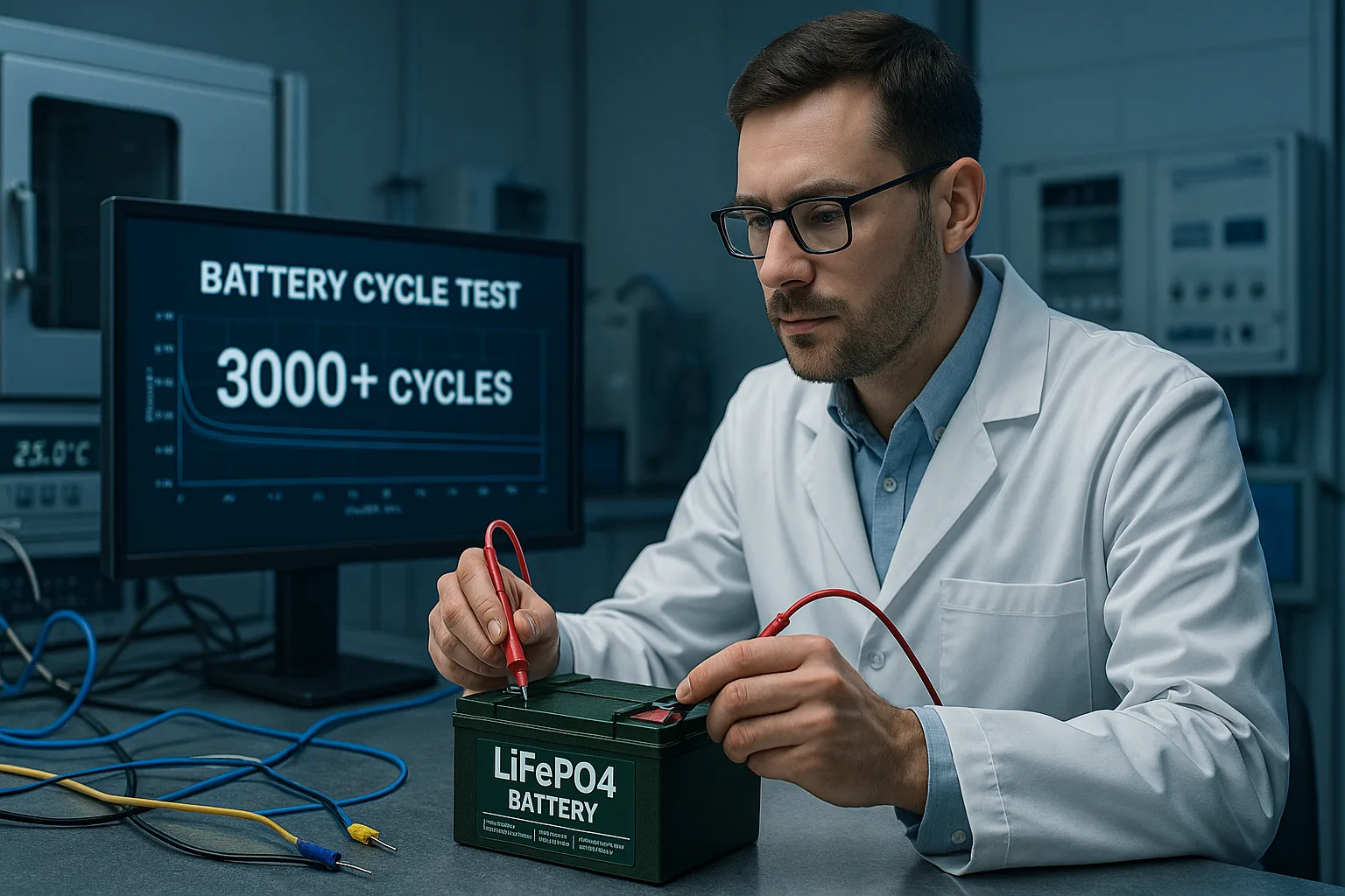 Engineer performing LiFePO4 battery cycle test in a temperature-controlled laboratory, monitor showing “3000+ cycles.”